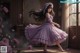 A woman in a purple dress is dancing in a room.