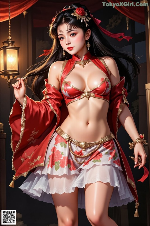 A woman in a red and white outfit holding a lantern.