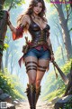 A woman in a leather outfit holding a sword in a forest.