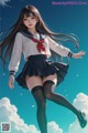 A girl in a school uniform is flying in the sky.