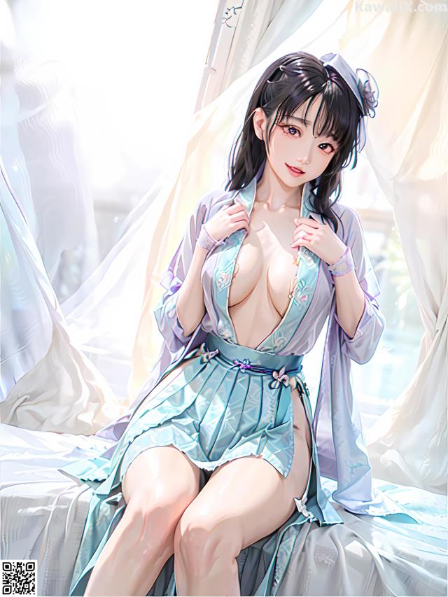 A woman in a blue dress sitting on a bed.