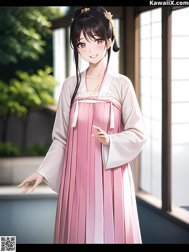 A woman in a pink and white dress standing in front of a window.