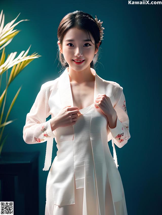 A woman in a white dress is posing for a picture.